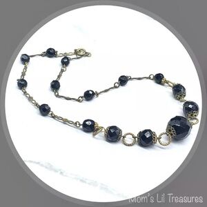 Black Glass Crystal Gold Brass Tone Filigree Necklace • Vintage Jewelry